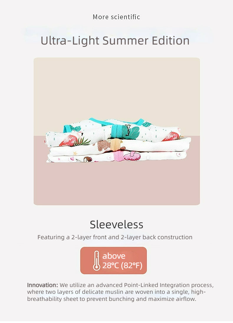 Bamfairy™ Ultra-Light Summer Baby Sleep Sack - Breathable Bamboo Muslin, 2-Way Zipper & Hip-Healthy Design (Sleeveless, 28°C+)